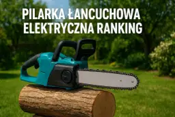 Turkusowa pilarka łańcuchowa elektryczna leży na pniu drewna na tle zielonego ogrodu.