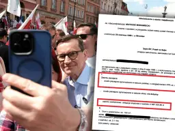 Mateusz Morawiecki na tle tłumu z polskimi flagami, obok fragment oświadczenia majątkowego, gdzie mieszka Mateusz Morawiecki.