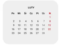 Kalendarz na luty. Ile godzin pracy w miesiącu? Zaznaczone dni wolne: 1, 8, 15, 22.