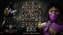 Wybór postaci w Mortal Kombat 11: Sub-Zero kontra Mileena. Widoczny wybór wariantów Sub-Zero i siatka z innymi postaciami.