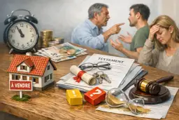 Scène de dispute familiale autour d'un testament, d'une maison à vendre et d'une succession. L'initiative transmission en cas de décès est source de conflits.