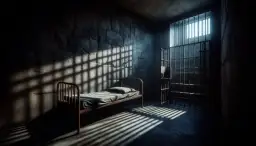 Mroczna cela więzienna z łóżkiem i kratami, przez które wpada światło.