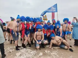 Grupa morsów w niebieskich piórach i maskach pozuje na plaży. Pewnie zastanawiają się, ile stopni ma Bałtyk w styczniu.