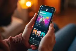 Osoba przegląda Spotify Wrapped na telefonie, odkrywając swoje muzyczne podsumowanie roku.