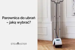 Parownica do ubrań Steam Master stojąca na drewnianej podłodze.