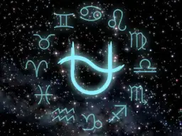Jasnoniebieski symbol, być może nowy znak zodiaku, otoczony tradycyjnymi symbolami zodiaku na tle rozgwieżdżonego nieba.