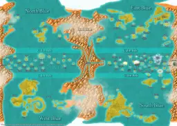 Mapa świata z One Piece, ukazująca cztery morza: North Blue, East Blue, South Blue i West Blue, oraz Grand Line z Red Line i Calm Belt. Wiele wysp i królestw, jak Wano czy Dressrosa, czeka na odkrycie.