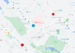 Mapa Szczecina z zaznaczonymi punktami. Pokazuje, ile jest ze Szczecina do morza, wskazując drogę przez tereny zielone i miejskie.