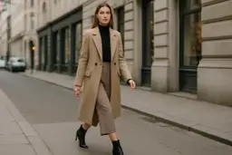 Elegancka kobieta w beżowym płaszczu i brązowych spodniach, z czarnym golfem, idzie ulicą. Czy buty w szpic są modne? Tak, te czarne botki z pewnością dodają stylu.