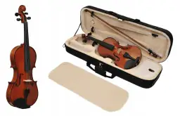 Skrzypce w futerale z łukiem i pokrowcem.