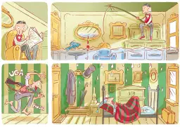 Paweł i Gaweł wiersz: jeden czyta gazetę, drugi łowi ryby w zalanej wodzie, trzeci ucieka z bronią, czwarty śpi pod łóżkiem.