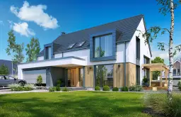 Nowoczesny dom z antracytową elewacją, dużymi oknami i drewnianymi elementami. Przed domem zadbany trawnik i samochód.