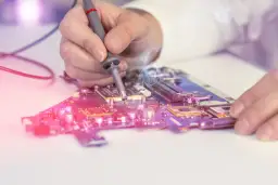 Dłoń z narzędziem lutowniczym naprawia płytę główną. Dym unosi się z punktu lutowania, pokazując, do czego służy warystor – ochrona przed przepięciami.