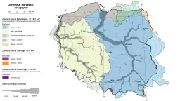 Mapa Polski z zaznaczonymi zlewiskiem Bałtyku, Morza Czarnego i Północnego oraz głównymi rzekami.
