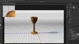 Widok 3D w programie Photoshop. Co to jest? Widoczny kielich na siatce, z panelami właściwości i warstw.