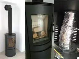 Trzy panele pokazują piec wolnostojący i jego podłączenie do komina. Na pierwszym panelu widać piec z czarnym kominem. Drugi panel pokazuje wnętrze pieca z drewnem. Trzeci panel ukazuje, jak podłączyć kozę do komina, owijając rurę izolacją.