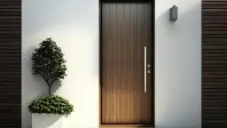 Eleganckie, brązowe drzwi wejściowe z pionowymi lamelami i długą, metalową klamką. Obok stoi ozdobna roślina w białej donicy.