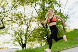 Młoda kobieta w sportowym stroju biegnie po ścieżce w parku. To świetny sposób na rozpoczęcie przygody z bieganie dla początkujących.