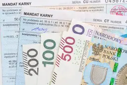 Mandaty karne i polskie banknoty 100, 200 i 500 zł.