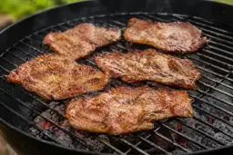 Karkówka grillowana na ruszcie, z widocznymi przyprawami i żarem pod spodem.