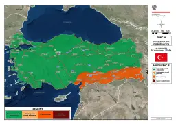 Mapa Turcji z zaznaczonymi regionami o różnym stopniu zagrożenia dla podróżujących.
