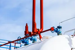 Czerwone i niebieskie zawory na białym zbiorniku na gaz. Zastanawiasz się, na ile wystarcza zbiornik na gaz 2700?