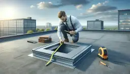 Mężczyzna mierzy wyłaz dachowy, sprawdzając jego wymiary. Obok leżą książki i miarka.