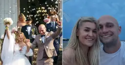 Klaudia i jej wybranek, rolnik szuka żony, świętują ślub. W tle widać wiatrak i niebo.