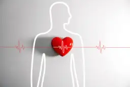 Czerwone serce z linią EKG na tle sylwetki człowieka. Jak uspokoić serce? Znajdź swój rytm.