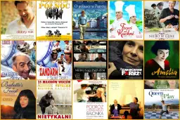 Plakat filmowy z kolażem okładek francuskich filmów, m.in. "Amelia", "Zakochanego Paryża".