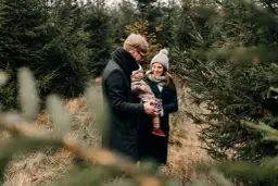 Rodzina podczas sesji świątecznej w plenerze, wśród choinek. Tata trzyma dziecko, mama uśmiecha się, trzymając ozdobne pudełko.