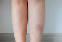 Skóra nóg z zaczerwienieniem i drobnymi krostkami, widoczne objawy róży.