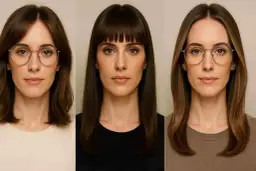 Trzy kobiety w okularach o okrągłych oprawkach, prezentujące różne fryzury.