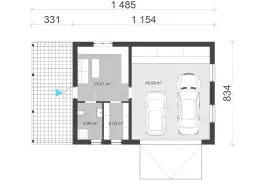 Rzut parteru garażu dwustanowiskowego o wymiarach 8,34m x 4,8m, z miejscem na dwa samochody (48,08 m²), pomieszczeniem gospodarczym (18,47 m²) i łazienką.