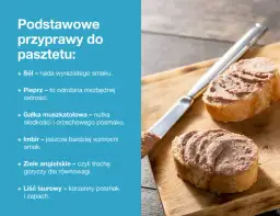 Podstawowe przyprawy do pasztetu: sól, pieprz, gałka muszkatołowa, imbir, ziele angielskie, liść laurowy. Na desce kromki chleba z pasztetem.