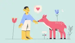 Chłopiec z zaciekawieniem patrzy na łanię, która delikatnie go dotyka. To obraz pozytywnych cech charakteru, takich jak empatia i otwartość na świat.