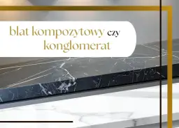 Ciemny blat kompozytowy lub konglomerat z białymi żyłkami na tle jasnego blatu.