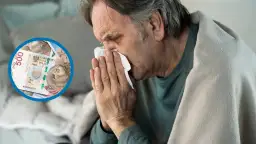 Chory mężczyzna z chusteczką i banknotami 500 zł. Ile można być na L4 od psychiatry po ustaniu zatrudnienia?