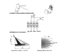 Schemat podłączenia czujnika ruchu z 3 pokrętłami. Informacje o zasięgu i wysokości montażu.