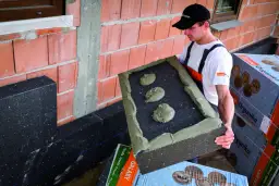 Budowlaniec przygotowuje się do montażu, kiedy kołkować styropian. Klej na płycie izolacyjnej.