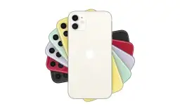 Kolekcja kolorowych iPhone'ów 11, każdy z podwójnym aparatem, ułożona w wachlarz.