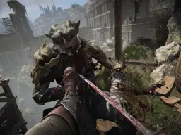 Krwawa walka z potworem w stylu Dark Messiah of Might and Magic spolszczenie. Gracz walczy mieczem z zielonoskórym przeciwnikiem.