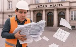 Budowlaniec zmartwiony stertą dokumentów przed Urzędem Miasta. Czy to już zgłoszenie zamiast pozwolenia na budowę?