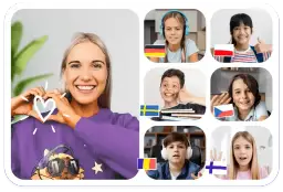 Uśmiechnięta kobieta tworzy serce dłońmi, otoczona przez dzieci z flagami różnych krajów.