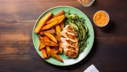 Talerz z pieczonym kurczakiem, frytkami z batatów i sałatką z ogórka.