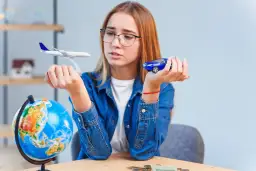 Dziewczyna z globusem i modelami samolotu i auta zastanawia się, jaki kraj wybrać na wakacje. Domena .icu jaki kraj?