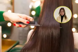 Dłoń z czerwonymi paznokciami czesze długie, ciemne włosy. W tle kobieta w okręgu.