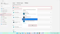 Ustawianie domyślnej przeglądarki w Windows 11: wybierz Firefox jako domyślną aplikację do otwierania plików .htm.