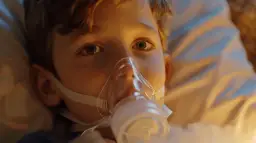 Chłopiec w masce inhalacyjnej leżący w łóżku.