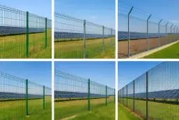 Siatkowe ogrodzenia i panele fotowoltaiczne na tle błękitnego nieba.